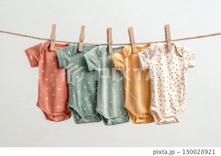 Baby onesie set on a light background. Fashion newborn clothes. Flat lay, top view. Baby kids soft clothing made from organic cotton. Infant trendy bodysuit natural colors, earth tones. Gender neutral 130028921