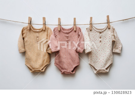 Baby onesie set on a light background. Fashion newborn clothes. Flat lay, top view. Baby kids soft clothing made from organic cotton. Infant trendy bodysuit natural colors, earth tones. Gender neutral 130028923