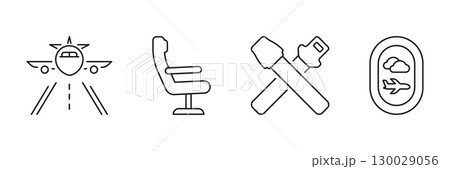 Air Travel Essentials Line Icon Set. Airplane, Seat, Seatbelt, And Window View Outline Symbol Collection. Aviation Safety And Comfort Elements. Editable Stroke. Isolated Vector Illustration Air Travel Essentials Line Icon Set. Airplane, Seat, Seatbelt, And Window View Outline Symbol Collection. Aviation Safety And Comfort Elements. Editable Stroke. Isolated Vector Illustration 130029056