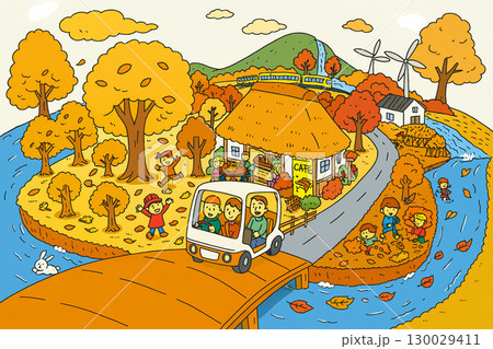 秋の田舎風景イラスト 子供と自然・紅葉・田園風景 130029411