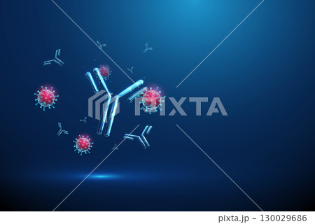 Flying blue 3d antibodies interacting with red viruses. Immune defense, immunotherapy, disease prevention, vaccination, pathogen neutralization, molecular biology concept Flying blue 3d antibodies interacting with red viruses. Immune defense, immunotherapy, disease prevention, vaccination, pathogen neutralization, molecular biology concept 130029686