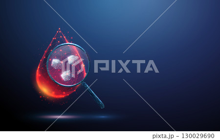 Drop of blood under a magnifying glass with sugar crystals inside. Concept of diabetes, blood testing, glucose monitoring, metabolic disorders and medical diagnostics 130029690