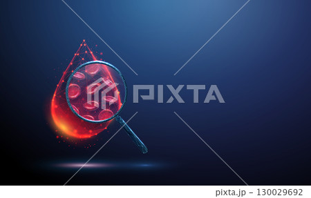 Blood drop with magnifying glass, red blood cells inside. Erythrocyte analysis, blood sample, testing, hematology analysis, medical diagnostics, health monitoring concept. 130029692