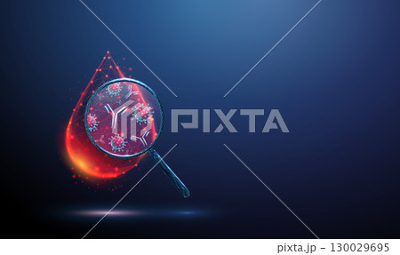 Drop of blood under a magnifying glass with viruses and antibodies inside Immune response, infectious disease testing, serology, blood diagnostics, medical research concept 130029695