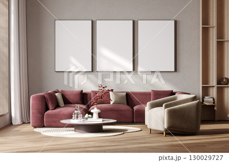 Three poster frames mockup in modern living room with red couch, triptych, 3d rendering Three poster frames mockup in modern living room with red couch, triptych, 3d rendering 130029727