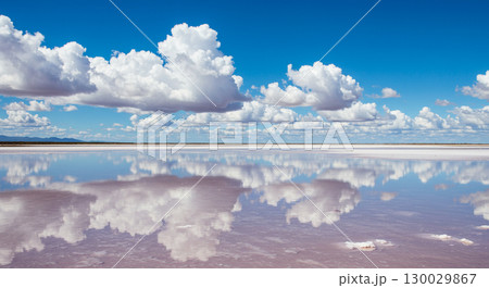 晴れた日に鏡のように空を反射する塩湖の風景 130029867