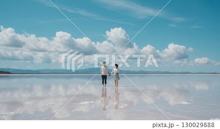 鏡のような塩湖で手をつなぐ二人 130029888