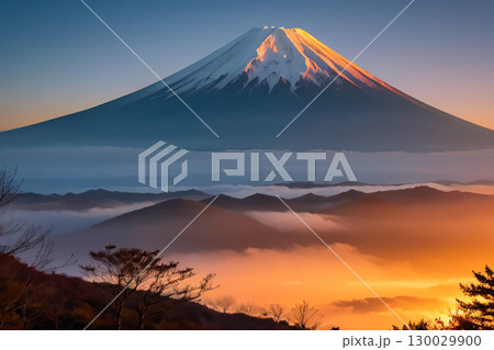 夕日に染まる富士山と街並み 130029900