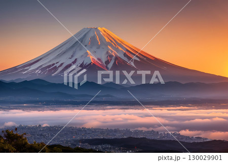 夕日に染まる富士山と街並み 130029901