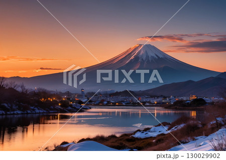 夕日に染まる富士山と街並み 130029902