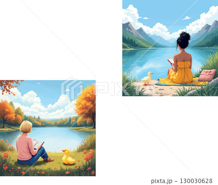 Vsai women reading by the lake with rubber ducks in summer and autumn Vsai women reading by the lake with rubber ducks in summer and autumn 130030628