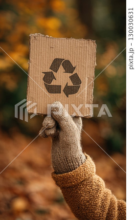 Close-up of Knitted Glove Holding Recycled Cardboard Sign with Blurry Leaves 130030631