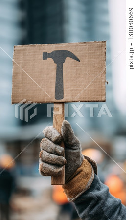 Close-up of Gloved Hands Holding Cardboard Sign with Hammer Symbol at Construction Site 130030669