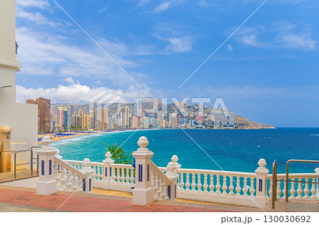 El Castell Old town Benidorm and aerial view of Benidorm city and, coastline with buildings, Llevant beach on Costa Blanca coast Mediterranean Sea water, Serra Gelada mountain in summer day, Spain 130030692