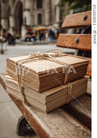 Stack of Cardboard Protest Placards on Bench in City Square 130030719