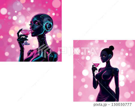 Vsai beautiful robot woman drinking cosmopolitan cocktail in pink background Vsai beautiful robot woman drinking cosmopolitan cocktail in pink background 130030777