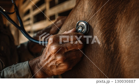 Veterinarian Using Stethoscope on Horse in Barn Setting 130030887