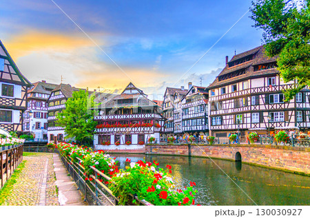Strasbourg city historic centre The Petite France Quarter, Maison des Tanneurs house medieval buildings, quay embankment of River Ill canal in old town Centre, Alsace Grand Est region, France 130030927