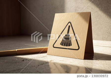 Cardboard Placard with Broom Icon Next to Wet Floor Sign Cardboard Placard with Broom Icon Next to Wet Floor Sign 130030972
