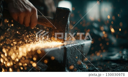 Blacksmith Striking Glowing Metal on Anvil with Hammer and Sparks Flying 130030978