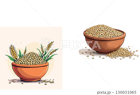 Vsai wheat and millet grains piled in ceramic bowls and spilling out, representing healthy eating and agriculture 130031065