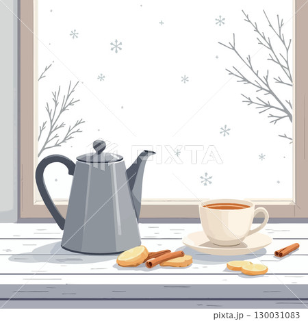 Vsai teacup, teapot and spices on window sill during snowfall Vsai teacup, teapot and spices on window sill during snowfall 130031083