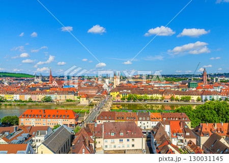 Aerial panoramic view of Wurzburg old town altstadt, Old Main Bridge, Main river, old colorful buildings, skyline horizon panorama of Wurzburg city historical center, Lower Franconia region, Germany 130031145