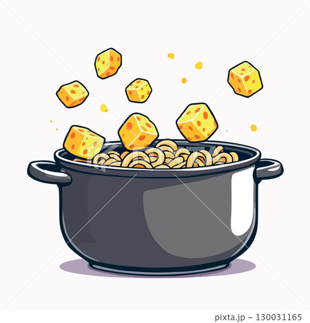 Vsai chef adding cheese cubes into pot with noodles, cooking mac and cheese 130031165
