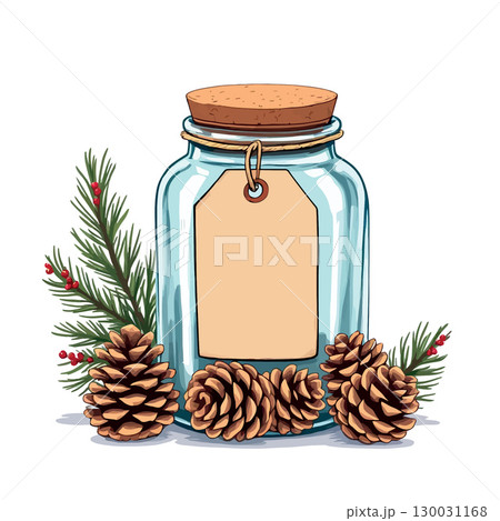 Vsai empty jar with blank label, pine cones, and evergreen branch creating festive atmosphere Vsai empty jar with blank label, pine cones, and evergreen branch creating festive atmosphere 130031168
