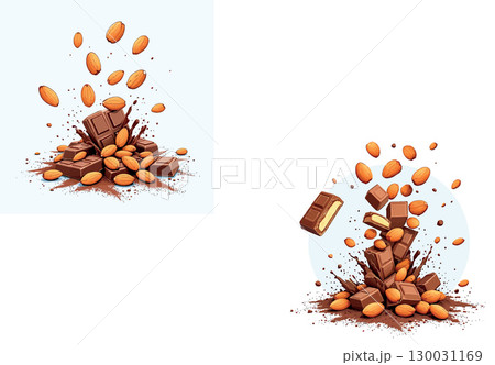 Vsai chocolate bar exploding with almonds and cocoa powder splashing Vsai chocolate bar exploding with almonds and cocoa powder splashing 130031169