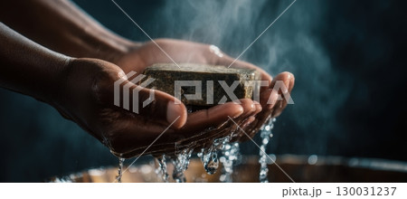 Close-up of Hands Holding African Soap with Steam and Water Flowing 130031237