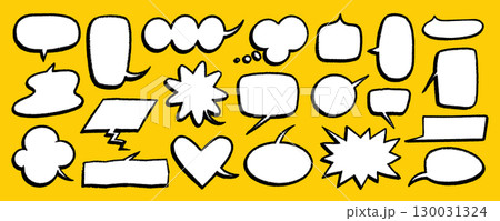 Cartoon speech bubbles in crayon style, hand drawn balloon, chalk cloud and talk frame on yellow background. Speech balloons and text boxes in chalk pencil. Great for comics, stickers, posters Cartoon speech bubbles in crayon style, hand drawn balloon, chalk cloud and talk frame on yellow background. Speech balloons and text boxes in chalk pencil. Great for comics, stickers, posters 130031324