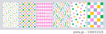 Seamless pattern set with pastel dot, checkered, diamond, and wavy streamers confetti. Soft abstract vector background perfect for wrapping paper, wallpaper, and cute fabric prints. Seamless pattern set with pastel dot, checkered, diamond, and wavy streamers confetti. Soft abstract vector background perfect for wrapping paper, wallpaper, and cute fabric prints. 130031328
