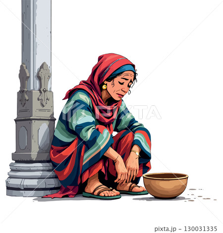 Vsai sad refugee woman wearing traditional clothes begging for money in the street 130031335