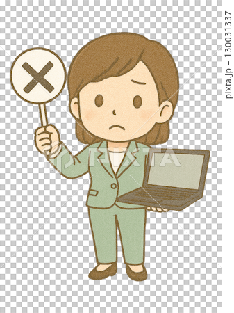 A female engineer in a pantsuit with a troubled expression, holding a laptop and a black crossed sign 130031337