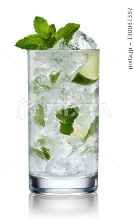 Refreshing Mocktail with Mint and Lime in Clear Tumbler on White Background 130031387