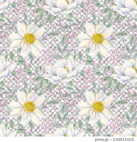 Blooming white lotuses, pink gypsophila, and eucalyptus leaves seamless watercolor pattern on isolated background. Asian flowers ornate. Floral illustration for packaging, textile, wedding decor. Blooming white lotuses, pink gypsophila, and eucalyptus leaves seamless watercolor pattern on isolated background. Asian flowers ornate. Floral illustration for packaging, textile, wedding decor. 130031428