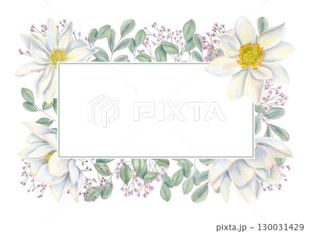 Watercolor white lotus, pink gypsophila branch and eucalyptus leaves horizontal rectangle frame on isolated background. Floral border with empty space for text. For birthday greeting cards. 130031429
