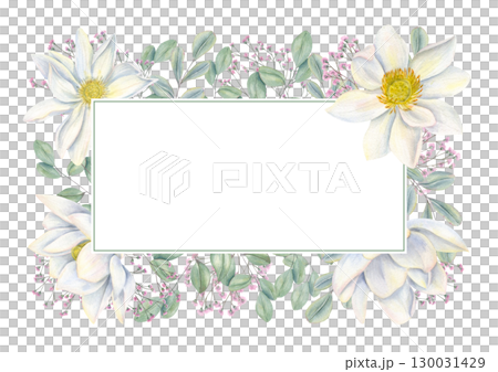 Watercolor white lotus, pink gypsophila branch and eucalyptus leaves horizontal rectangle frame on isolated background. Floral border with empty space for text. For birthday greeting cards. 130031429