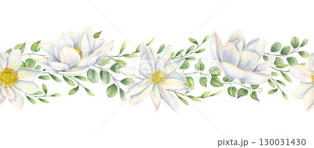 Asian blooming white lotus flowers and Green vine leaf branch watercolor horizontal seamless banner on isolated background. Water lilies, leaves illustration for wedding stationery, textile. 130031430