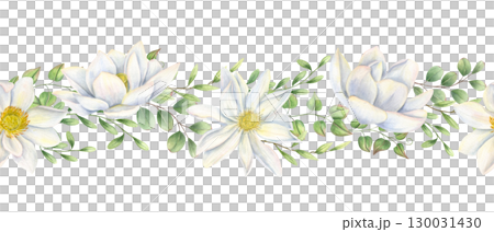 Asian blooming white lotus flowers and Green vine leaf branch watercolor horizontal seamless banner on isolated background. Water lilies, leaves illustration for wedding stationery, textile. 130031430