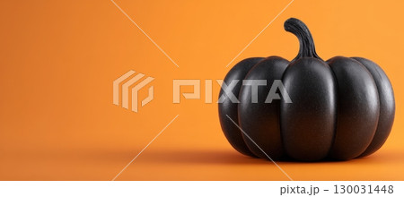 Matte Black Pumpkin on Orange Background for Halloween Mockup 130031448