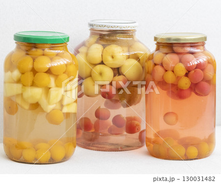 Canned compote in jars of various fruits and berries. Food 130031482