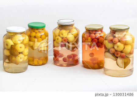 Canned compote in jars of various fruits and berries. Food Canned compote in jars of various fruits and berries. Food 130031486