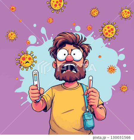 Vsai man holding thermometers is scared by viruses floating around him Vsai man holding thermometers is scared by viruses floating around him 130031566