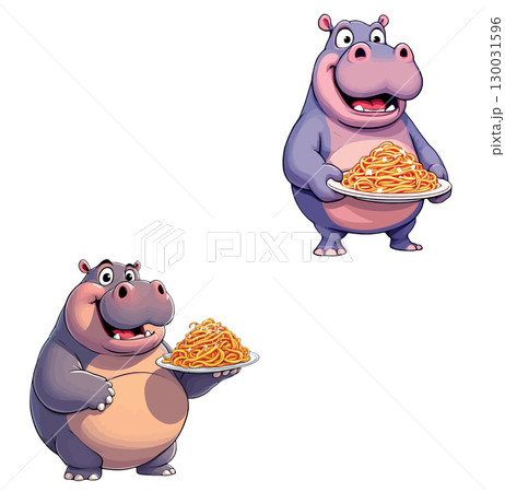 Vsai two happy hippos holding plates of delicious spaghetti Vsai two happy hippos holding plates of delicious spaghetti 130031596