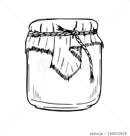Glass jar with jam, honey or preserves outline vector isolated illustration. Etching drawing of home made conservation in vintage style. Hand drawn natural products in glass covered with craft textile Glass jar with jam, honey or preserves outline vector isolated illustration. Etching drawing of home made conservation in vintage style. Hand drawn natural products in glass covered with craft textile 130031629