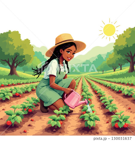 Vsai young farmer woman watering plants in a field on a sunny day Vsai young farmer woman watering plants in a field on a sunny day 130031637