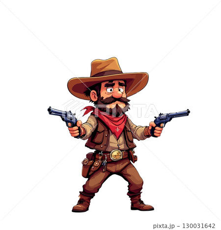 Vsai cowboy holding two revolvers ready to shoot, western character illustration Vsai cowboy holding two revolvers ready to shoot, western character illustration 130031642