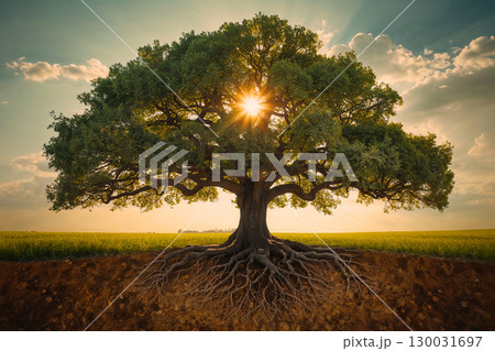 The Tree of Life. A majestic oak tree with its strong root system visible in a cross-section of the earth. The sun shines brightly through the branches. 130031697